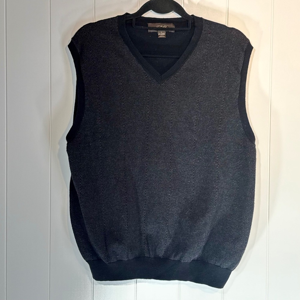 Tasso Elba Mens Large Cotton Cashmere V-Neck Sweater Vest Charcoal Plaid Black